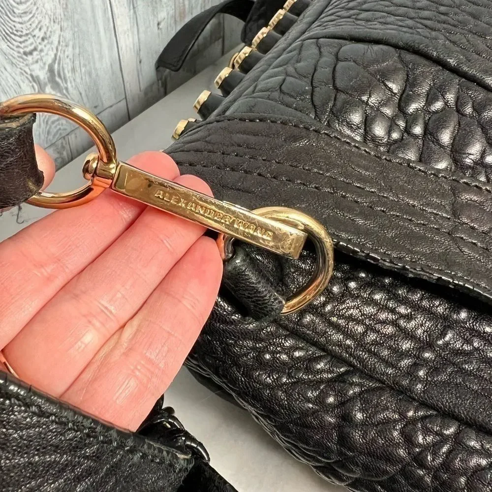 Alexander Wang Black Embossed Leather & Calf Hair Studded Backpack Bag Luxurious